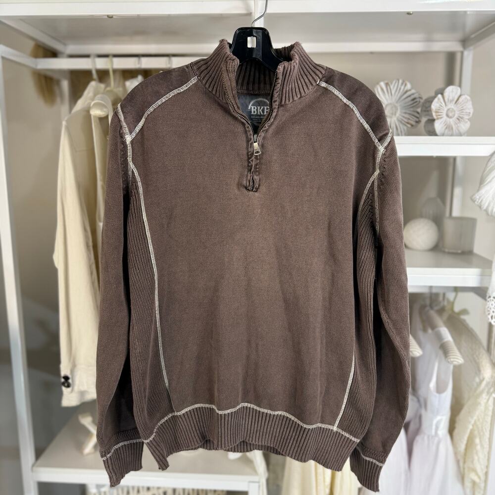 BKE Men’s Size M Brown Distressed Mockneck Half Zip Pullover Sweater #3553